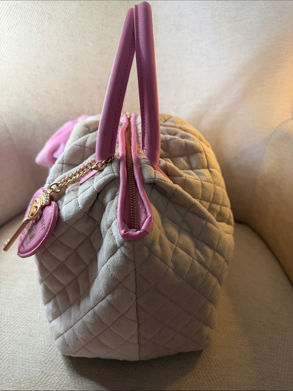 Juicy Couture Pink & Cream Quilted Satchel with Bow Accent - Picture 10 of 16